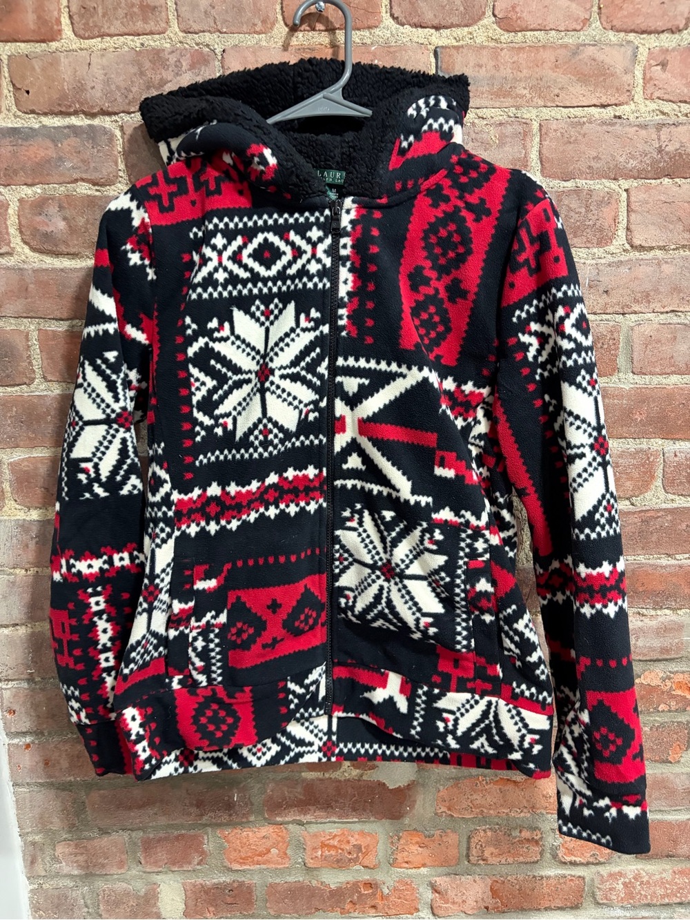 Ralph Lauren Black, Red & White Hooded Zip-Up geometric Sherpa lined zip